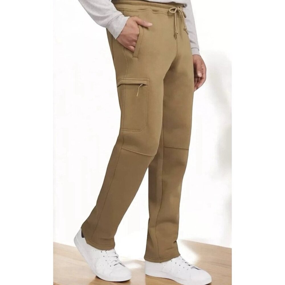 Weatherproof Vintage Fleece Cargo Pants Men XXL Adjustable Waist Zip Pockets Tan